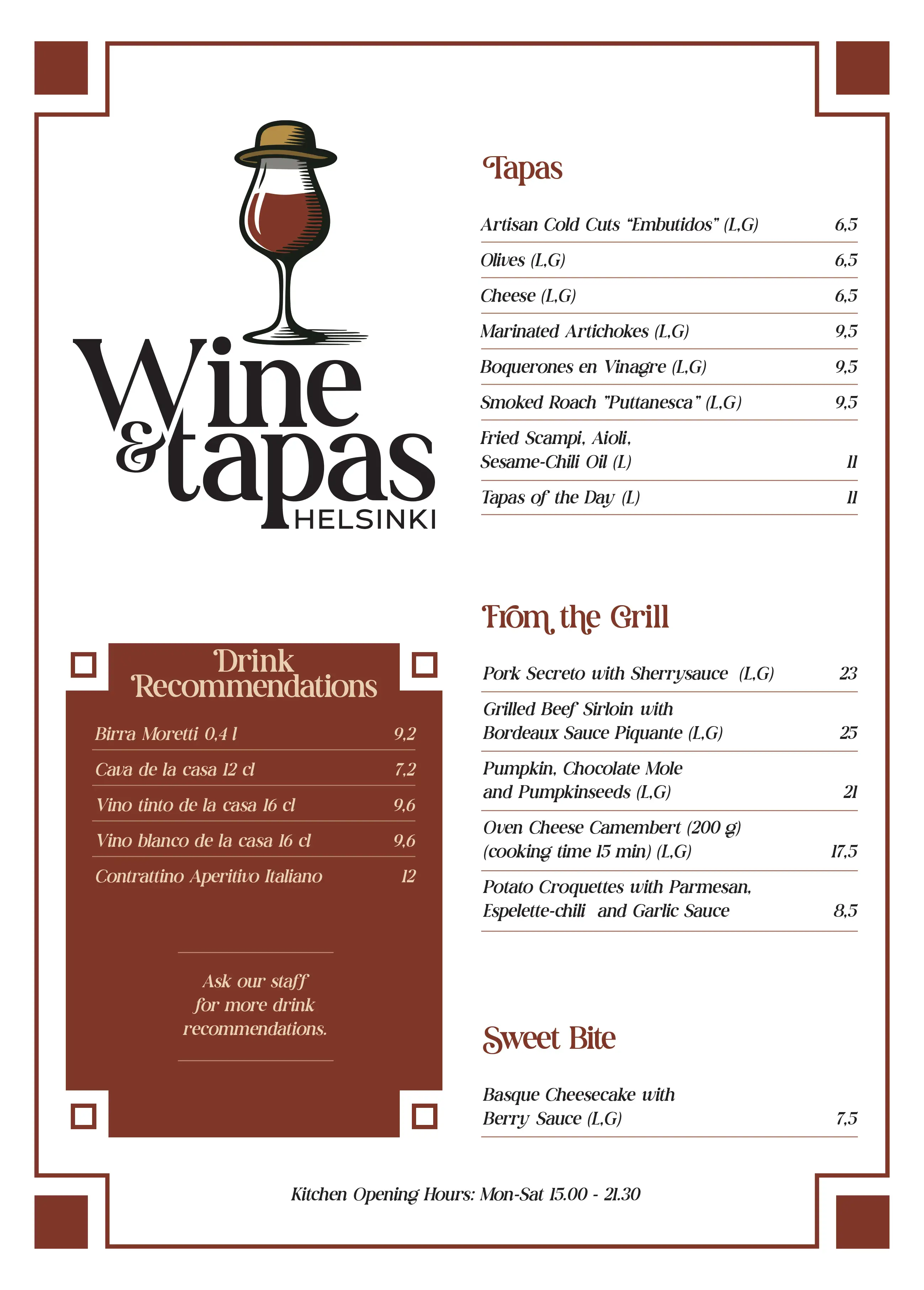 Wine and Tapas Helsinki Menu