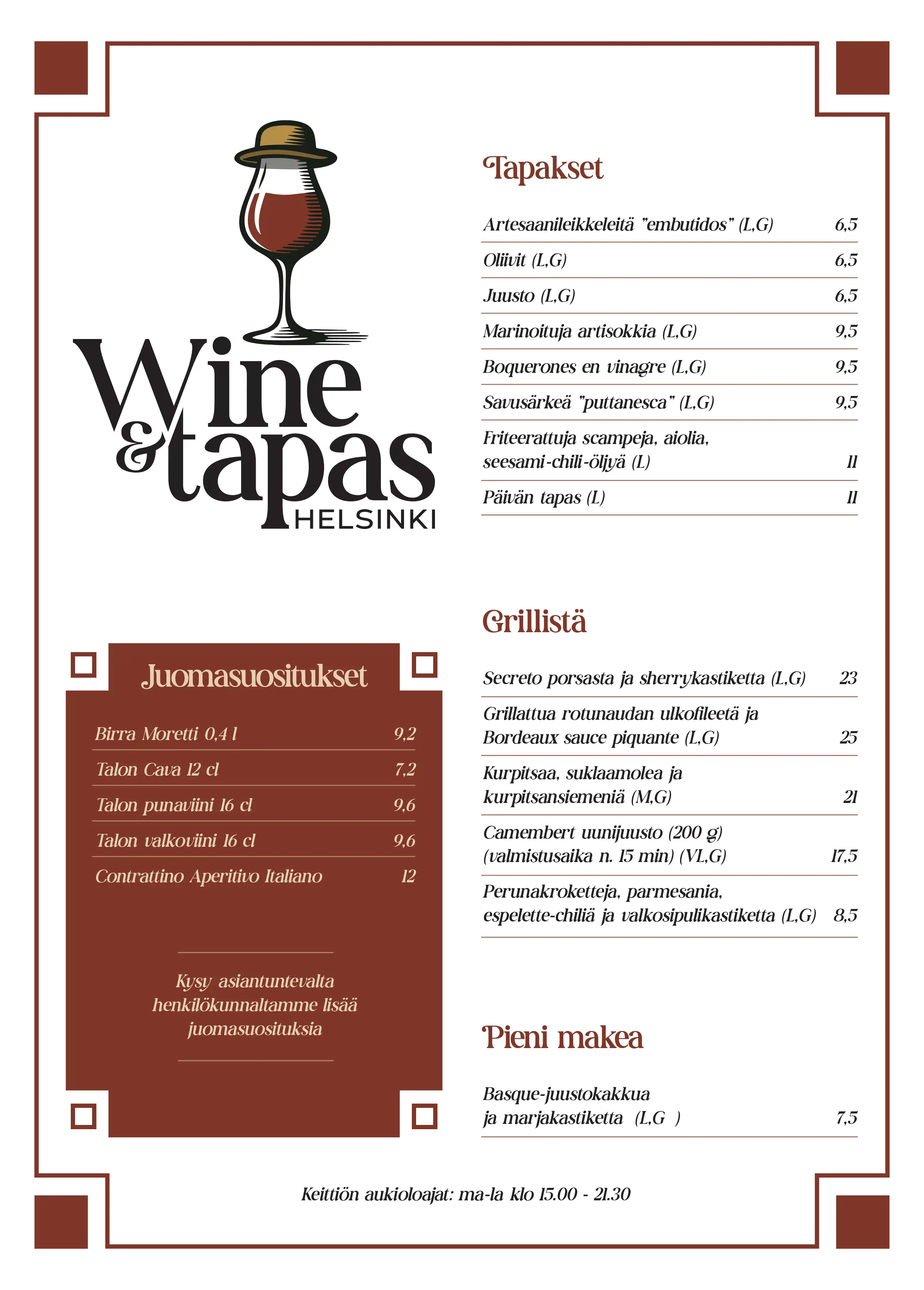 Wine and Tapas Helsinki Menu